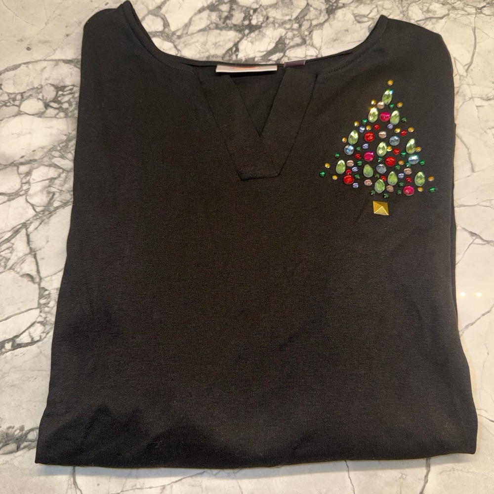 Quacker Factory Women's LG Gems Jewels Split Neck Christmas Tree Black Holiday